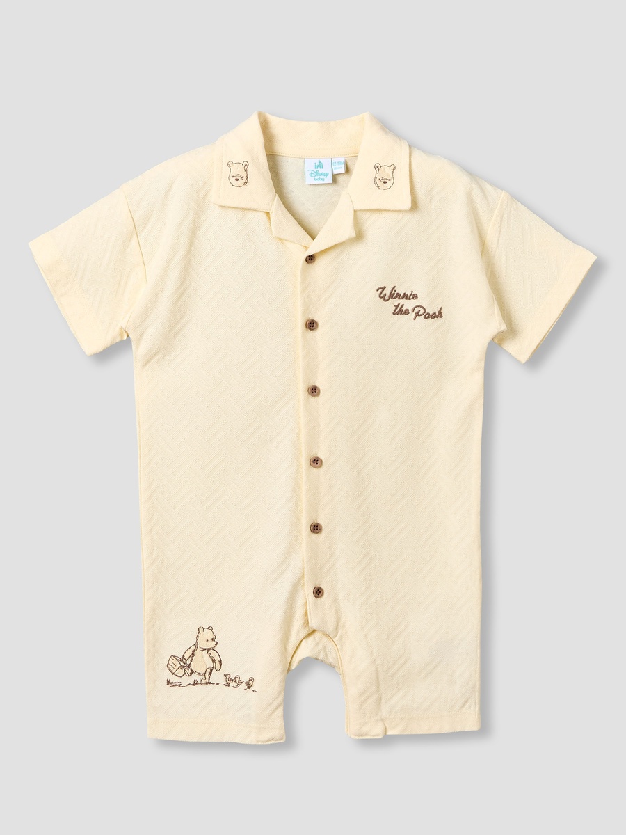 Collared Short Sleeves Romper with Winnie the Pooh Embroidery
