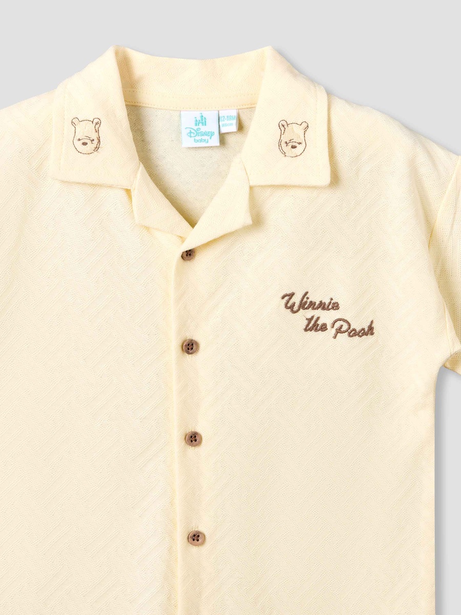 Collared Short Sleeves Romper with Winnie the Pooh Embroidery