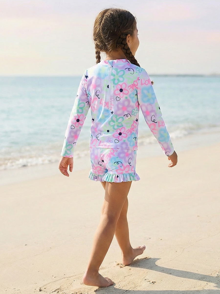 Girls Floral Print Swim Top and Shorts Set