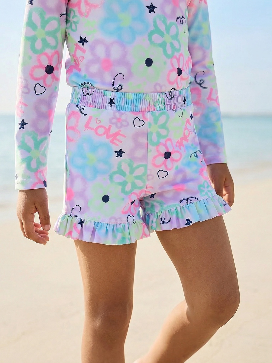 Girls Floral Print Swim Top and Shorts Set