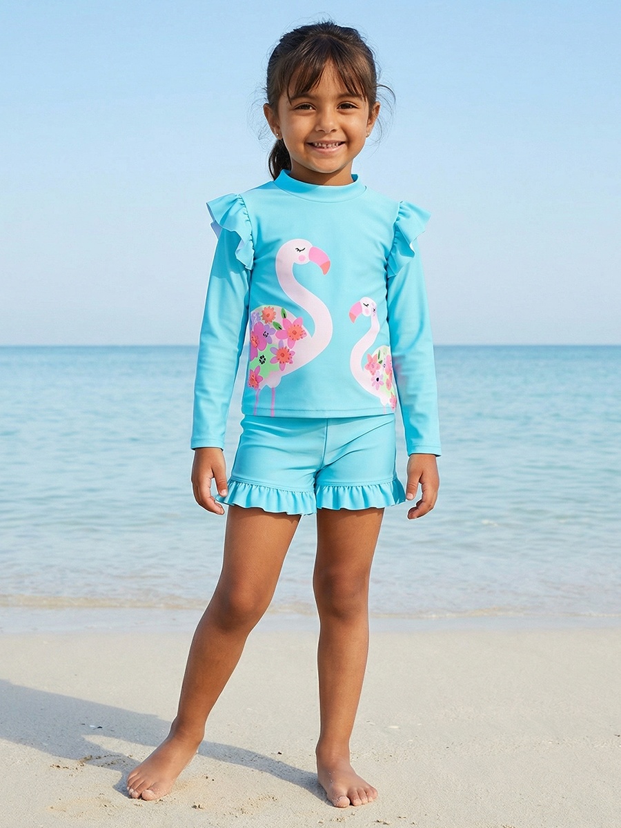 Girls Flamingo Print Rash Guard and Swim Shorts Set