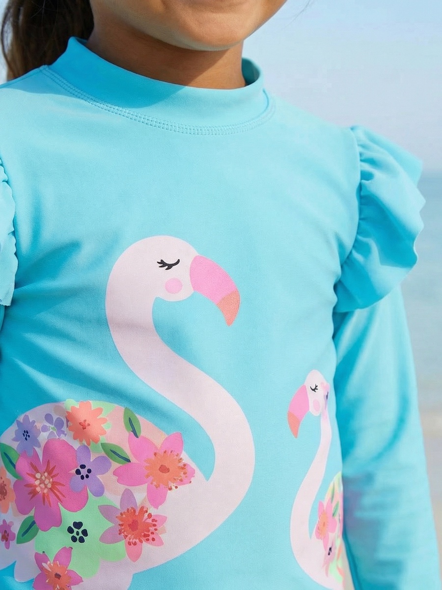 Girls Flamingo Print Rash Guard and Swim Shorts Set