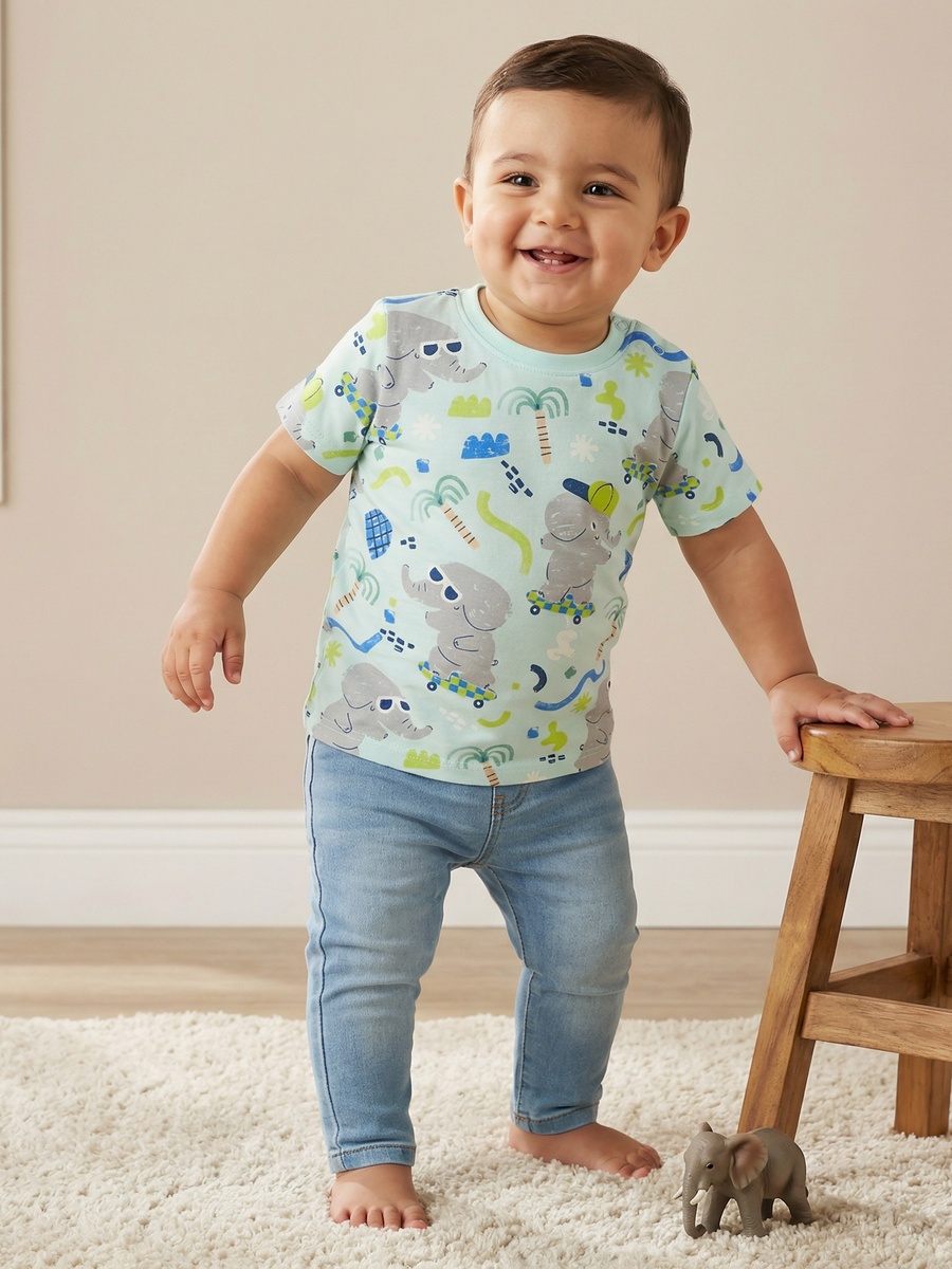 Crew Neck Short Sleeves T-Shirt with Elephant Print