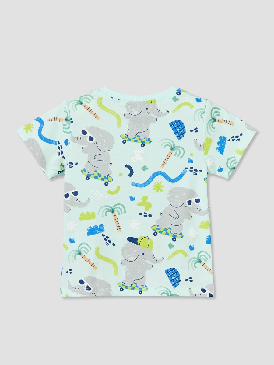 Crew Neck Short Sleeves T-Shirt with Elephant Print