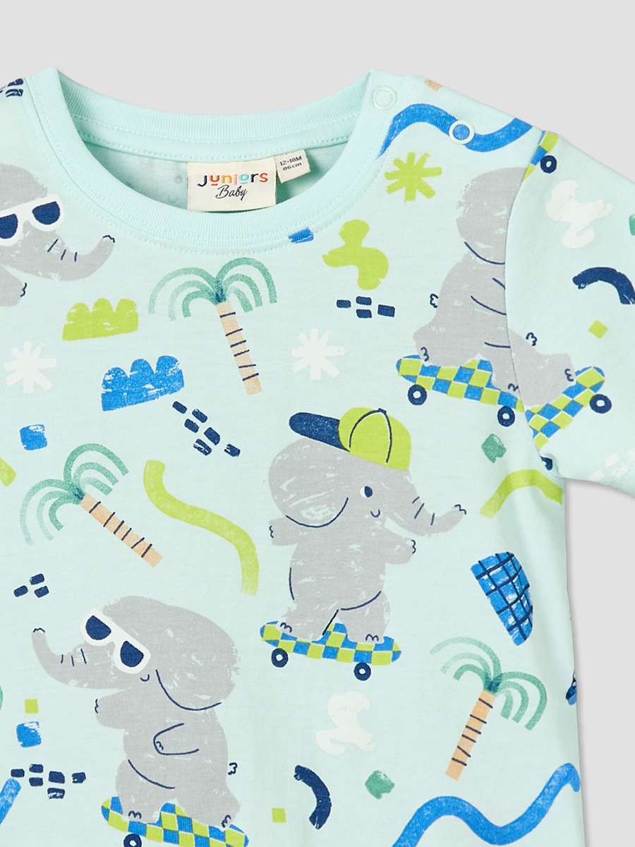 Crew Neck Short Sleeves T-Shirt with Elephant Print