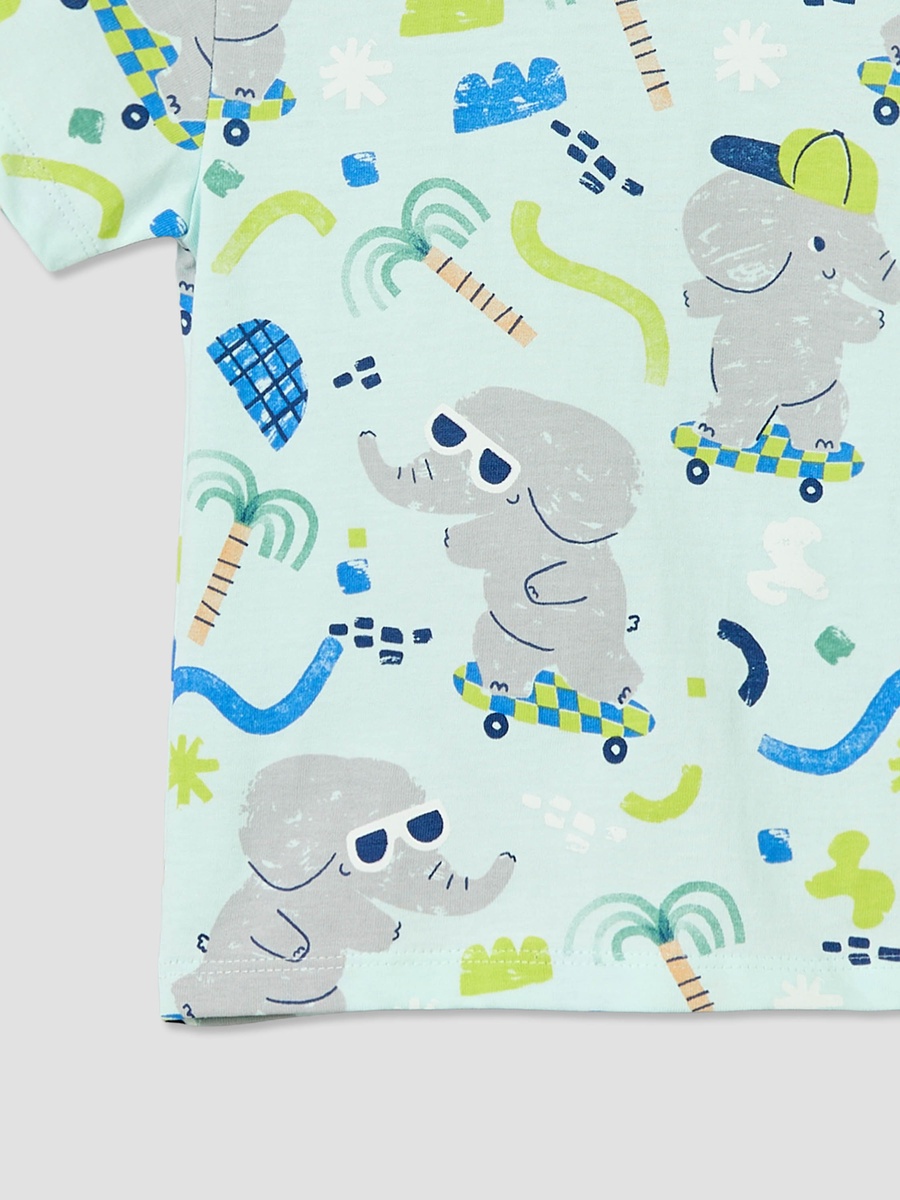 Crew Neck Short Sleeves T-Shirt with Elephant Print