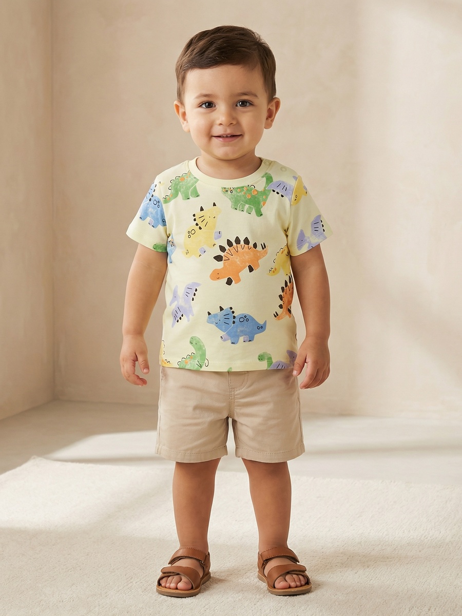 Crew Neck Short Sleeves T-Shirt with Dinosaur Print