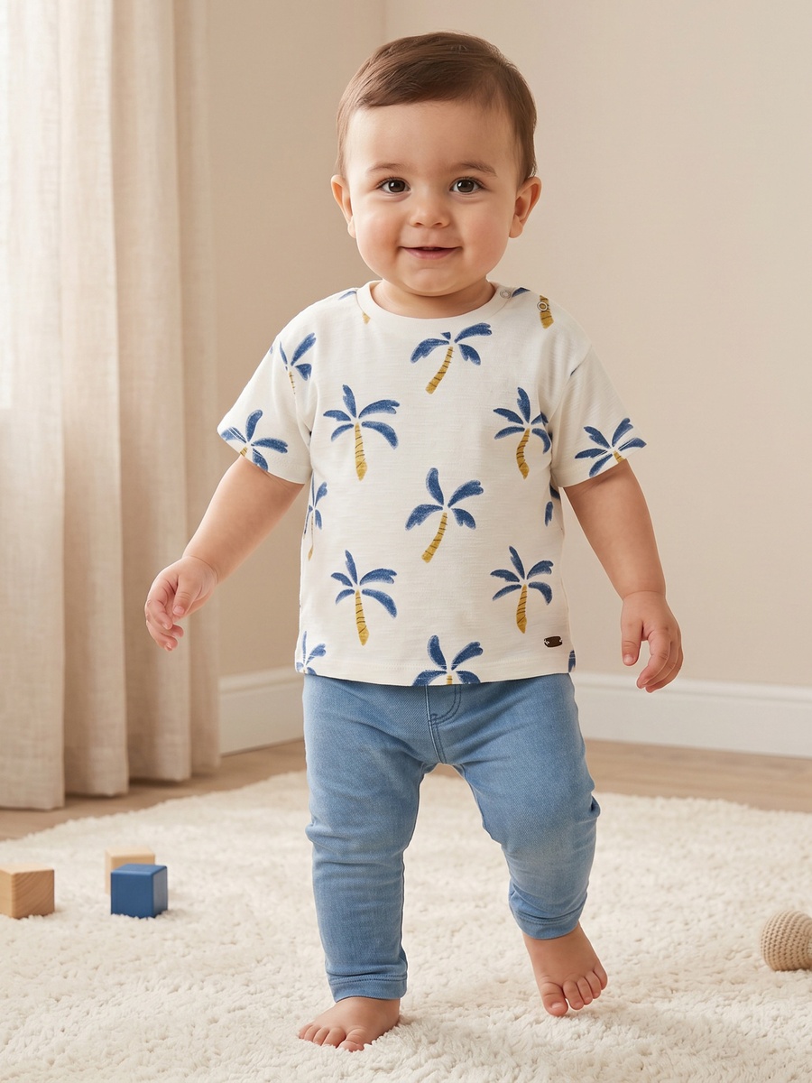 Crew Neck Short Sleeves T-Shirt with Palm Print