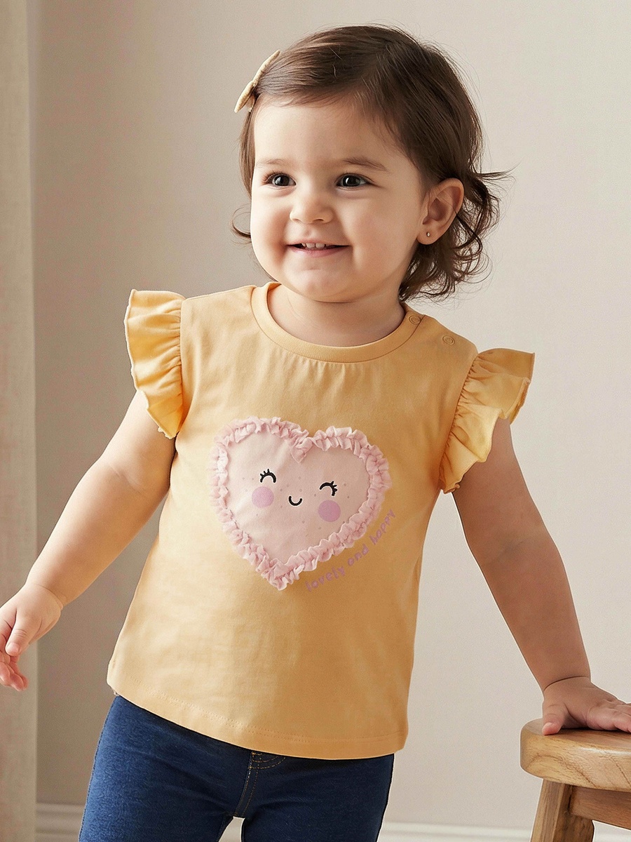 Crew Neck Ruffle Sleeves T-Shirt with Heart Applique