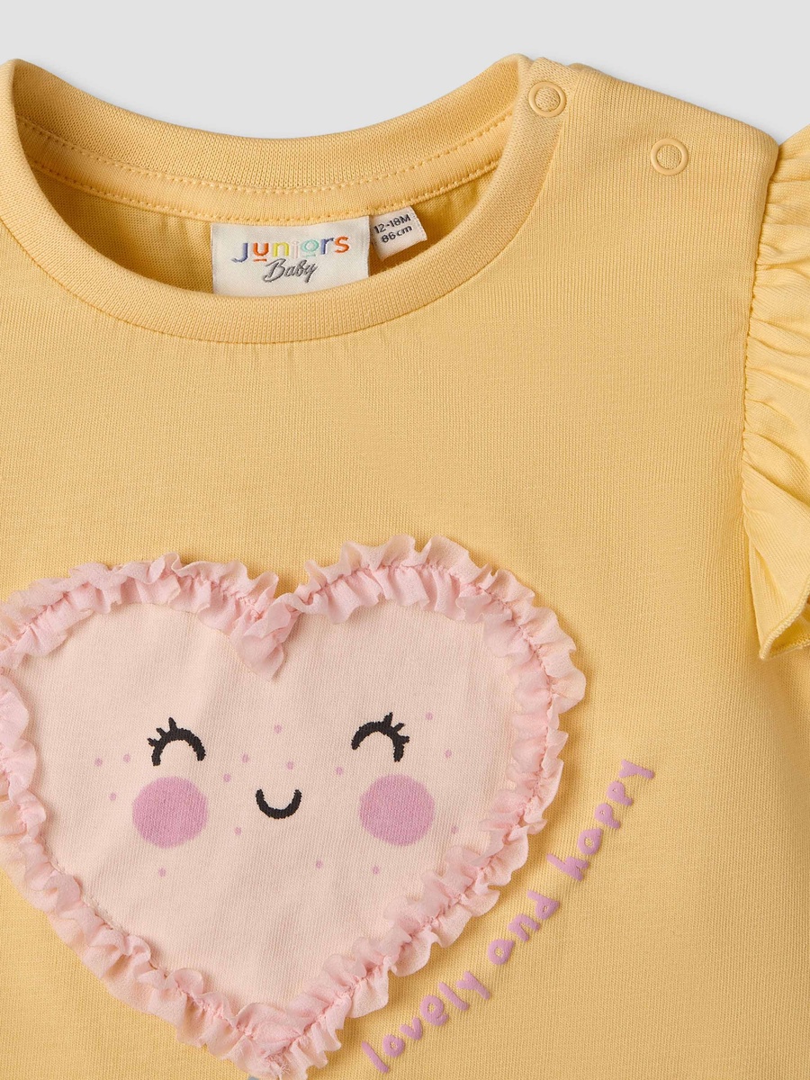 Crew Neck Ruffle Sleeves T-Shirt with Heart Applique
