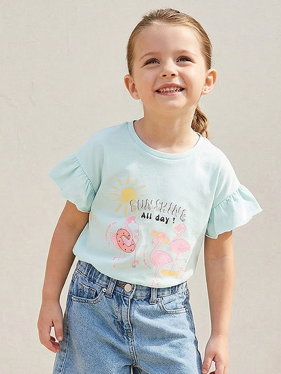 Round Neck Short Sleeves T-Shirt with Flamingo Print