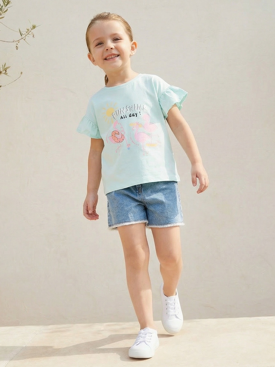 Round Neck Short Sleeves T-Shirt with Flamingo Print