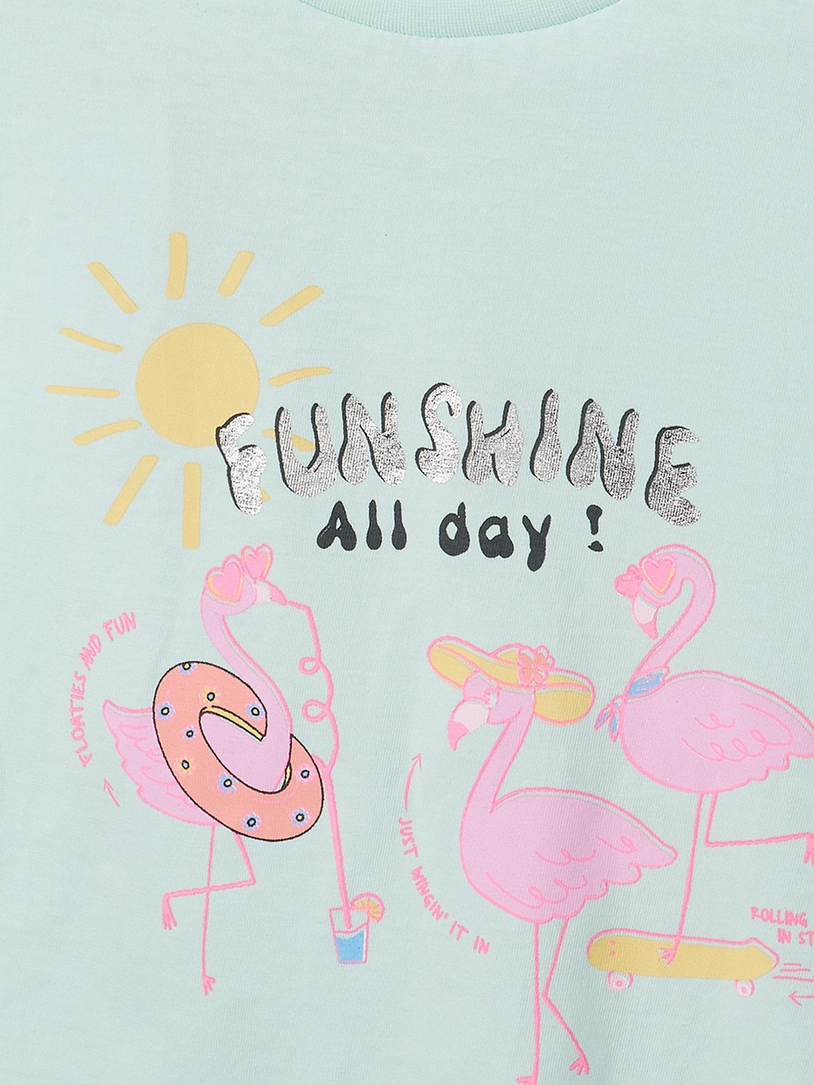 Round Neck Short Sleeves T-Shirt with Flamingo Print