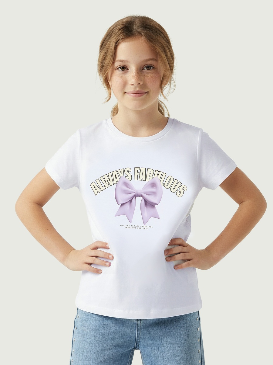 Crew Neck Short Sleeves T-Shirt with Bow Print