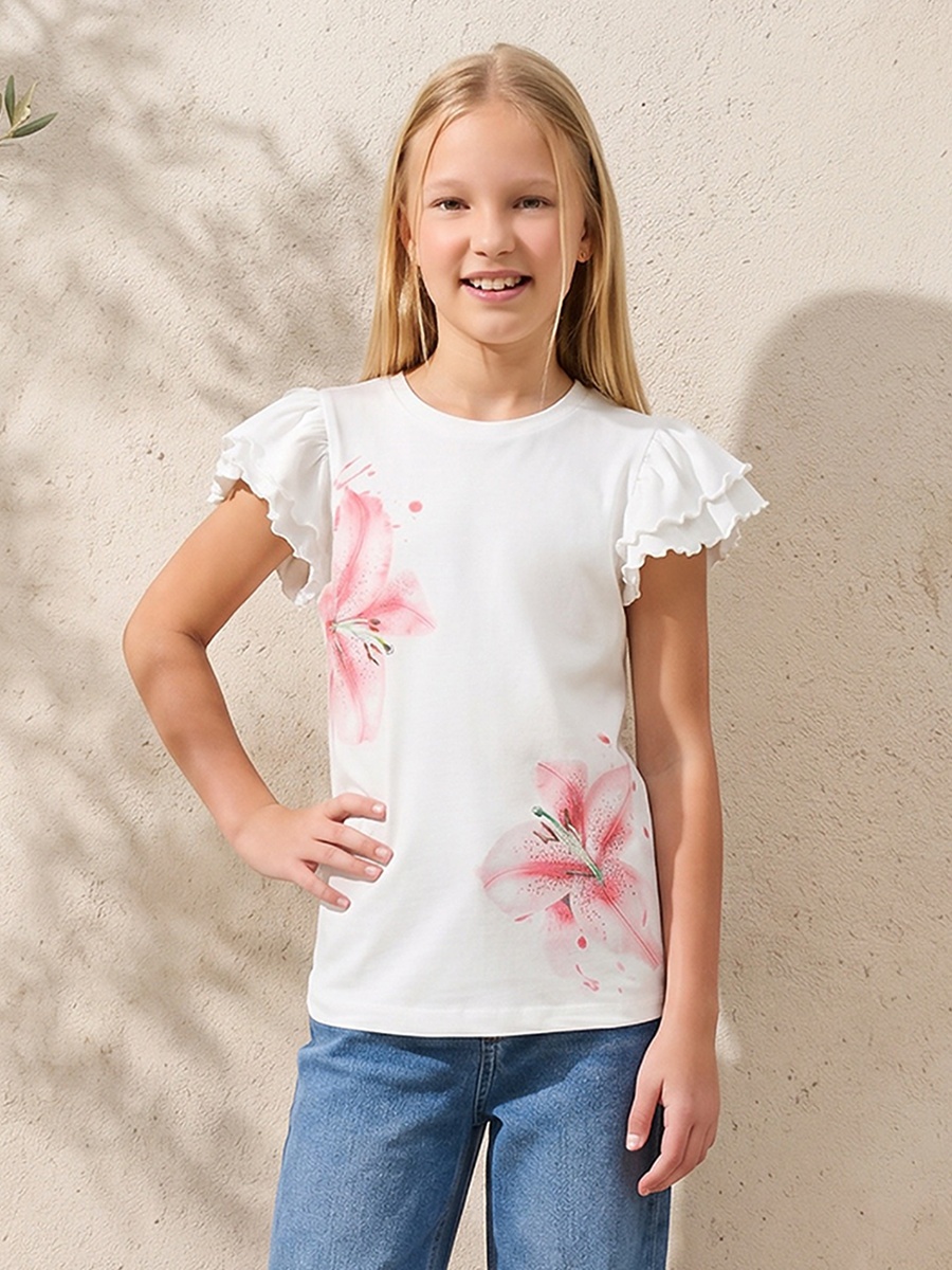 Crew Neck Cap Sleeves T-Shirt with Floral Print