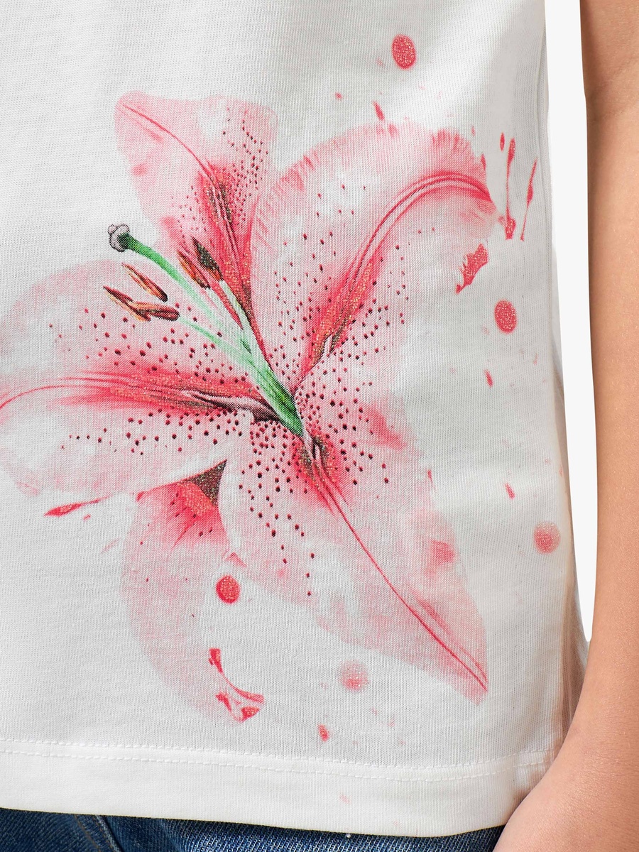 Crew Neck Cap Sleeves T-Shirt with Floral Print