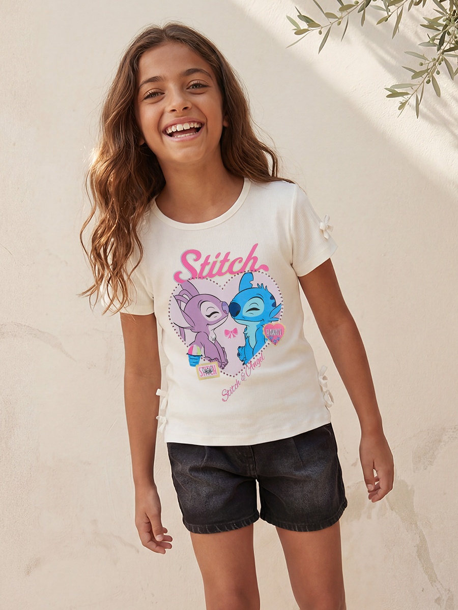 Round Neck Short Sleeve T-Shirt with Stitch and Angel Print