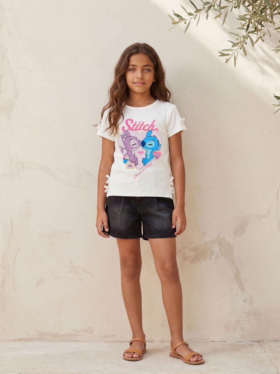 Round Neck Short Sleeve T-Shirt with Stitch and Angel Print