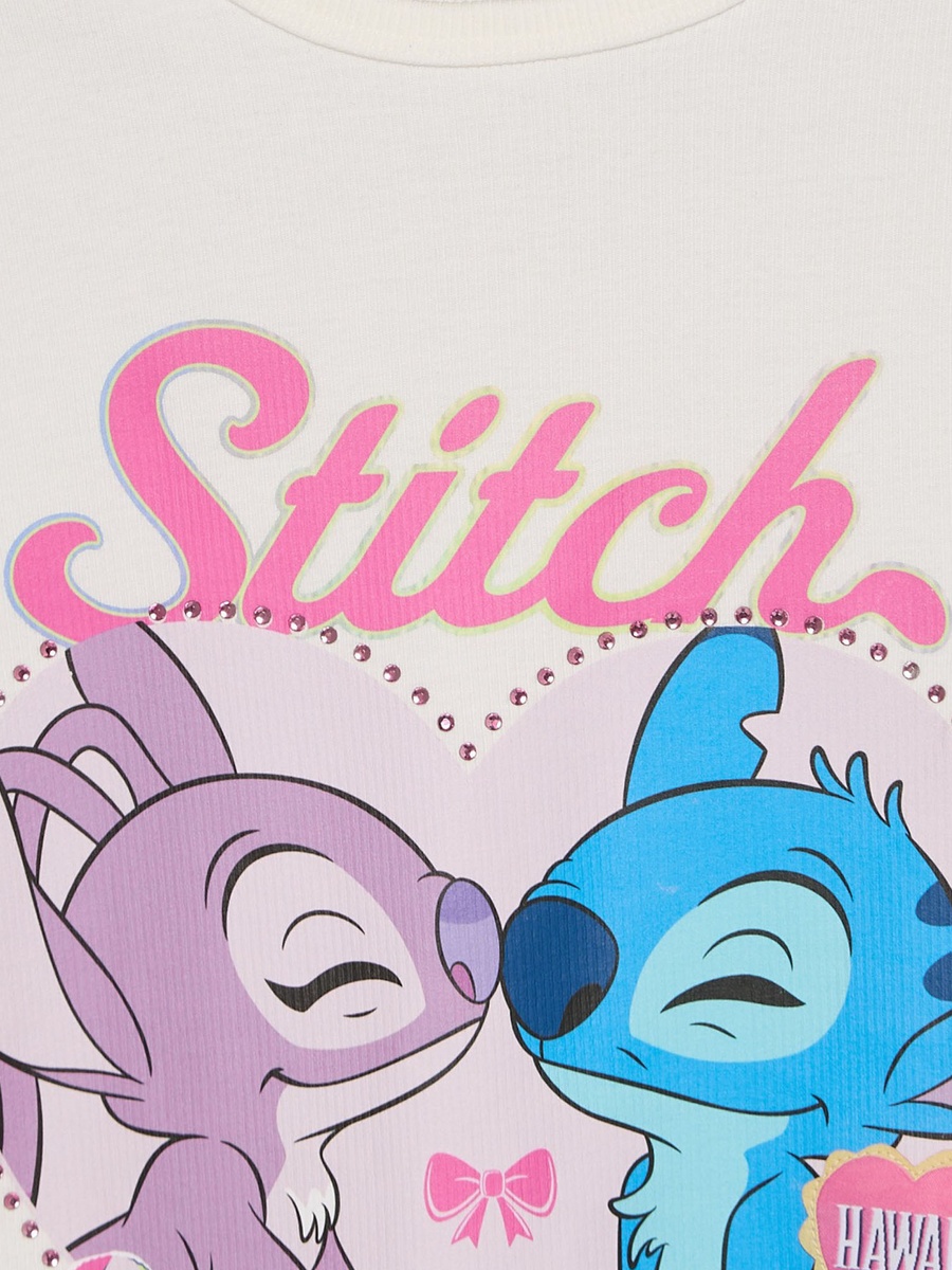 Round Neck Short Sleeve T-Shirt with Stitch and Angel Print