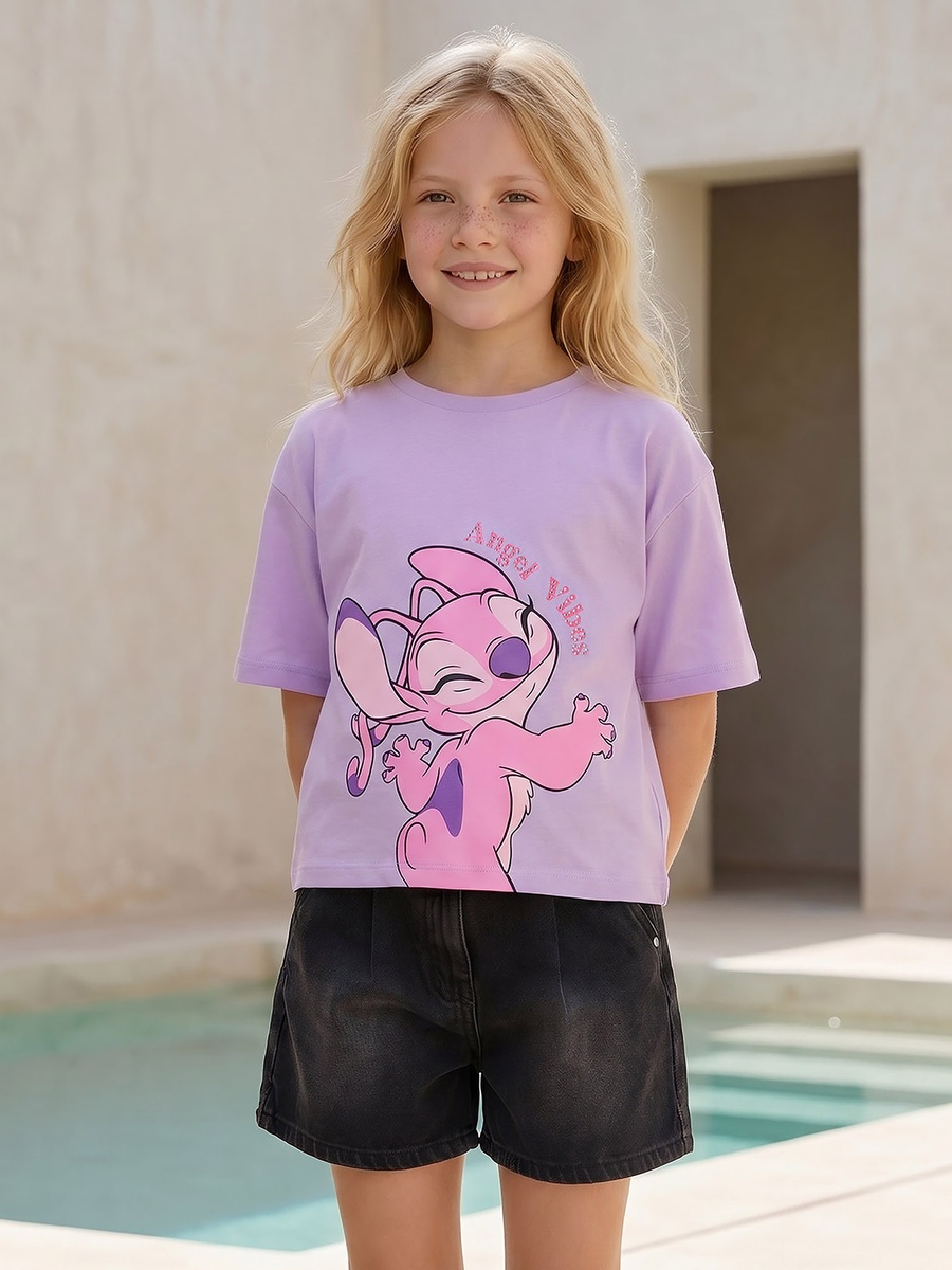 Crew Neck Short Sleeves T-Shirt with Angel Print