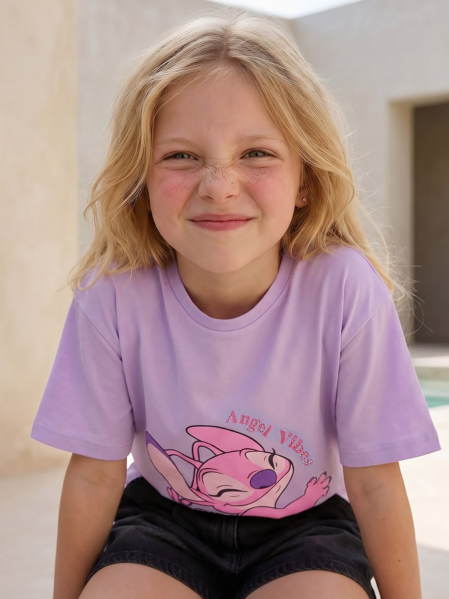 Crew Neck Short Sleeves T-Shirt with Angel Print