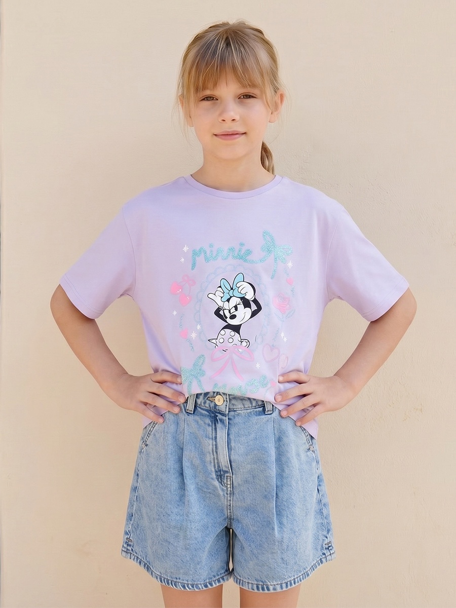 Crew Neck Short Sleeves T-Shirt with Minnie Mouse Print
