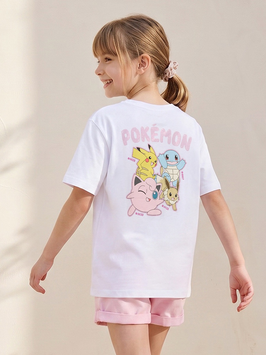 Crew Neck Short Sleeves T-Shirt with Pokemon Print