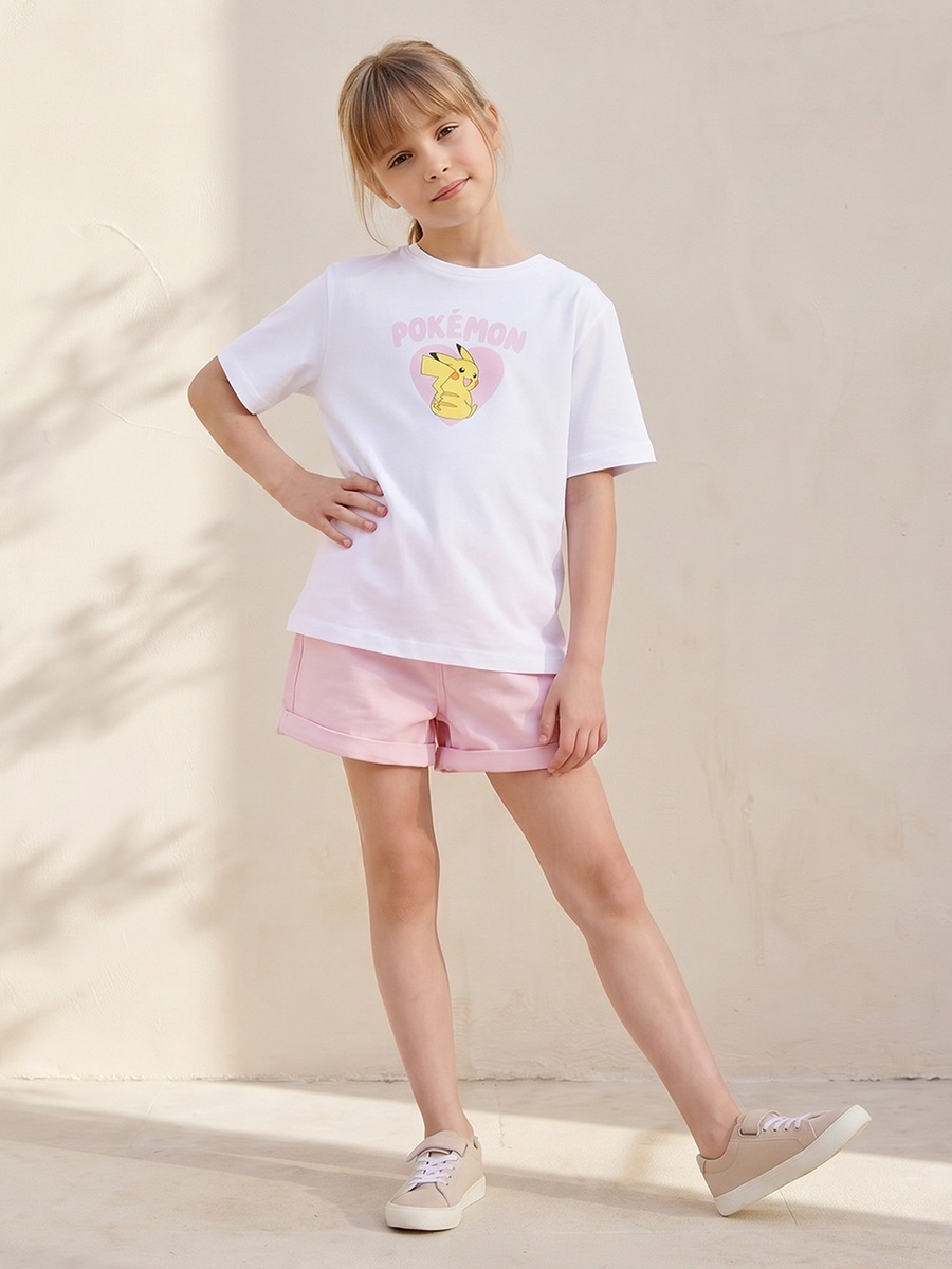 Crew Neck Short Sleeves T-Shirt with Pokemon Print