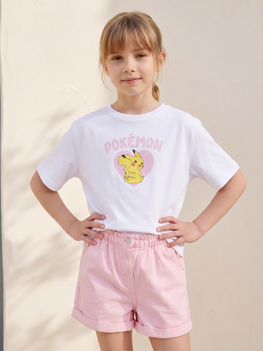 Crew Neck Short Sleeves T-Shirt with Pokemon Print