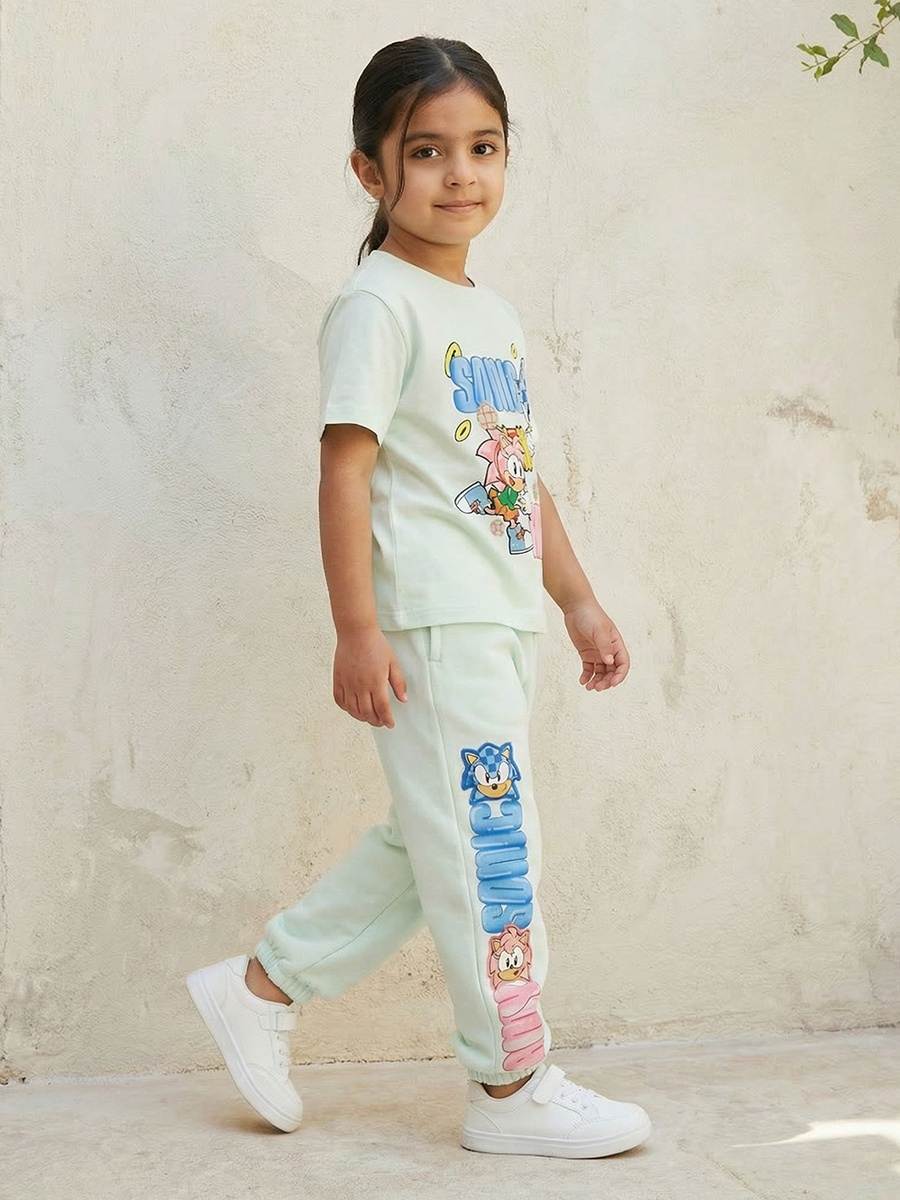 Crew Neck Short Sleeves T-shirt with Sonic the Hedgehog Print