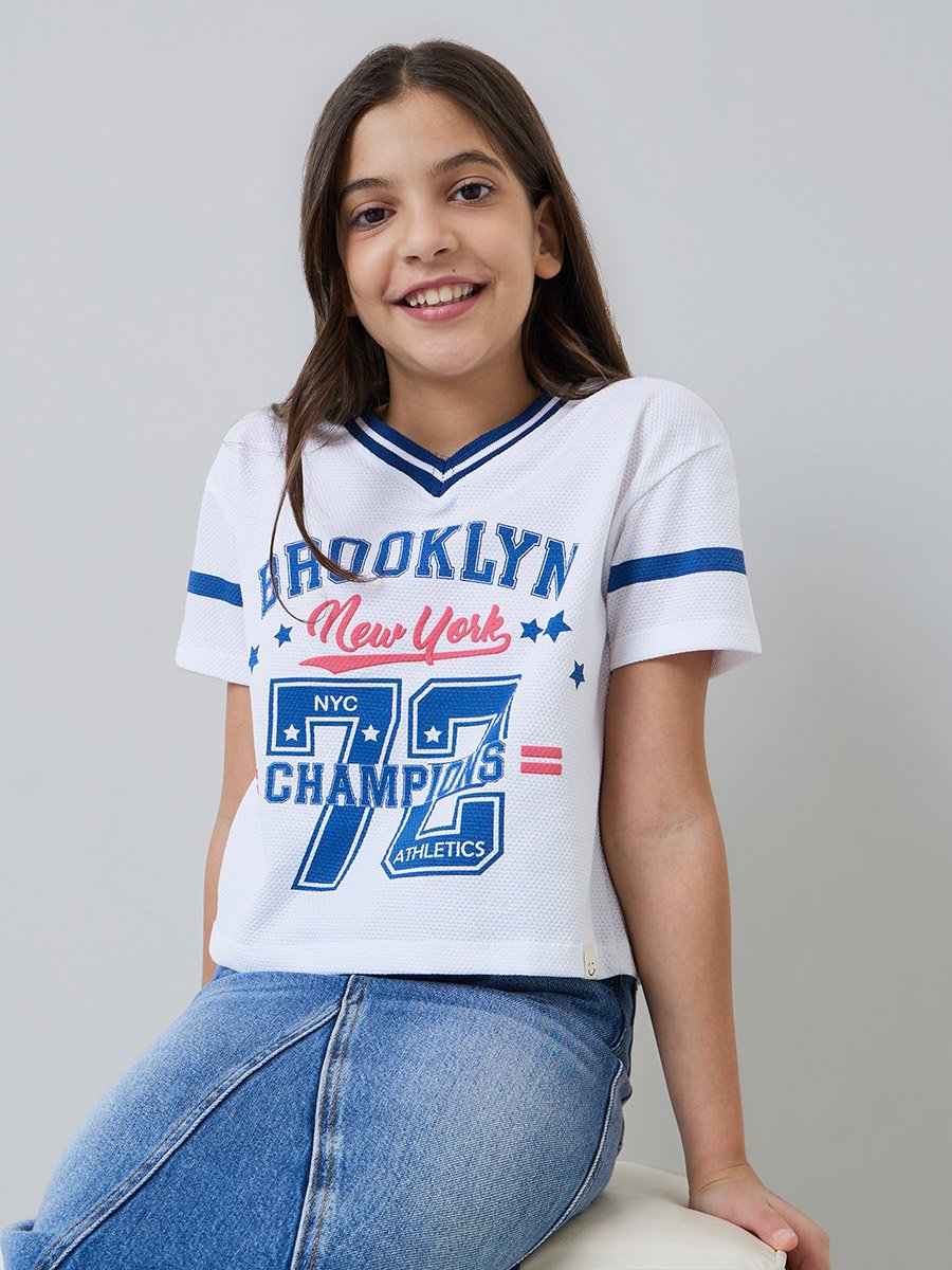 Teen Girls White Varsity Print T-Shirt