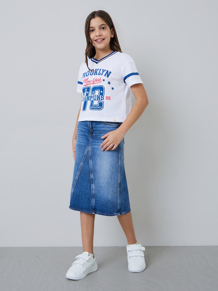 Teen Girls White Varsity Print T-Shirt