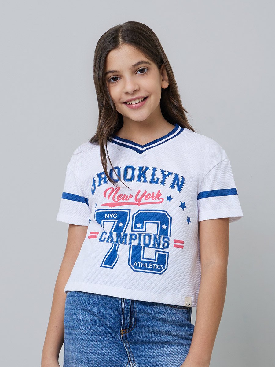 Teen Girls White Varsity Print T-Shirt