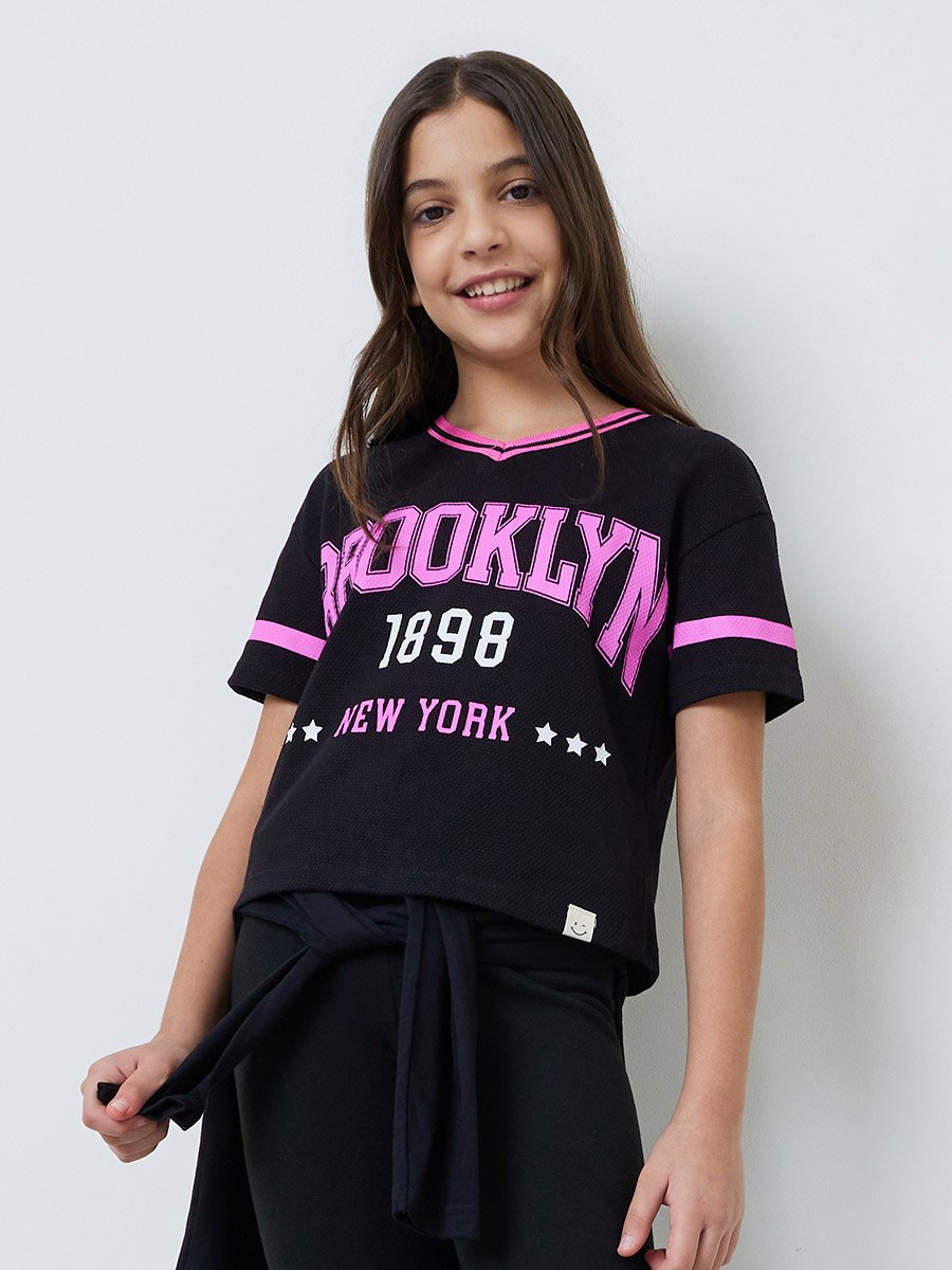 Teen Girls Black Varsity Print T-Shirt