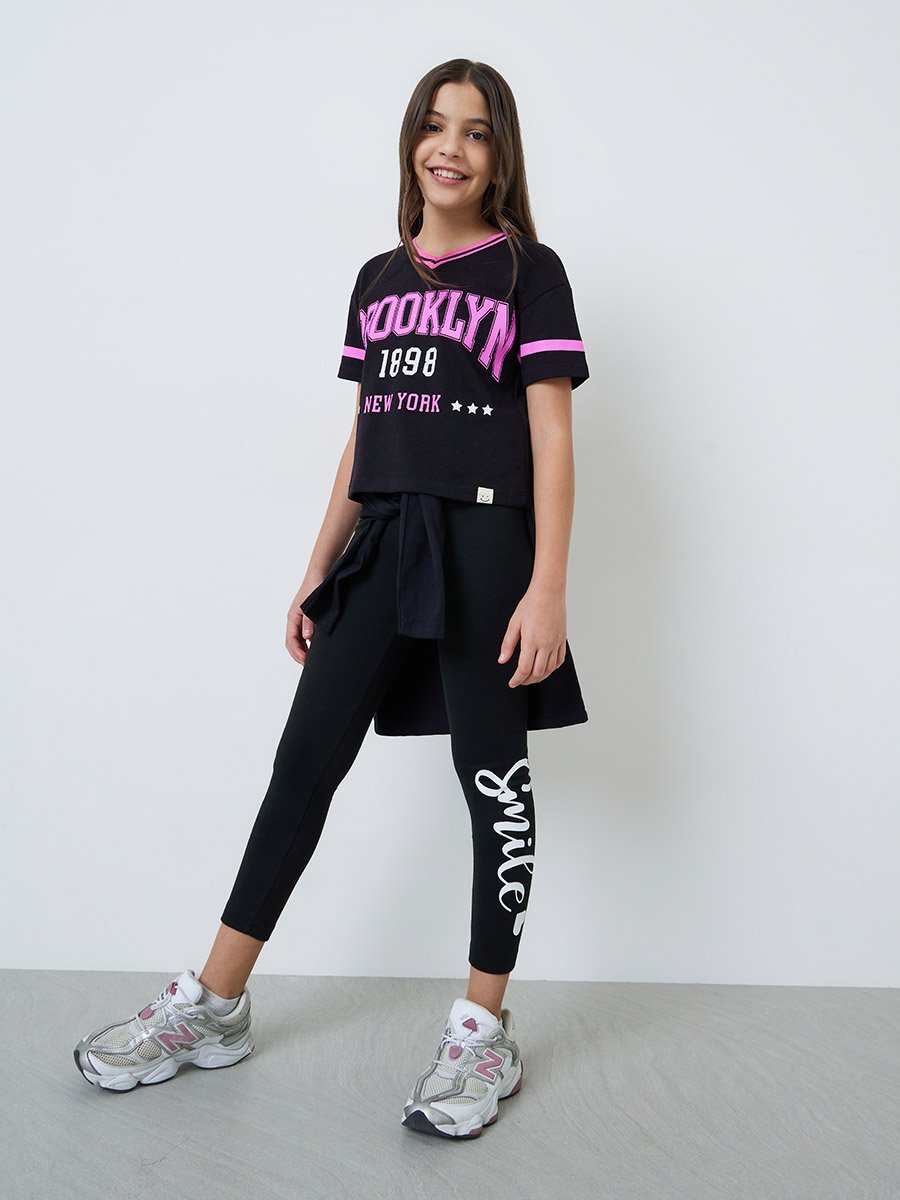 Teen Girls Black Varsity Print T-Shirt