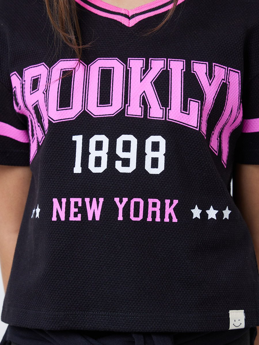 Teen Girls Black Varsity Print T-Shirt