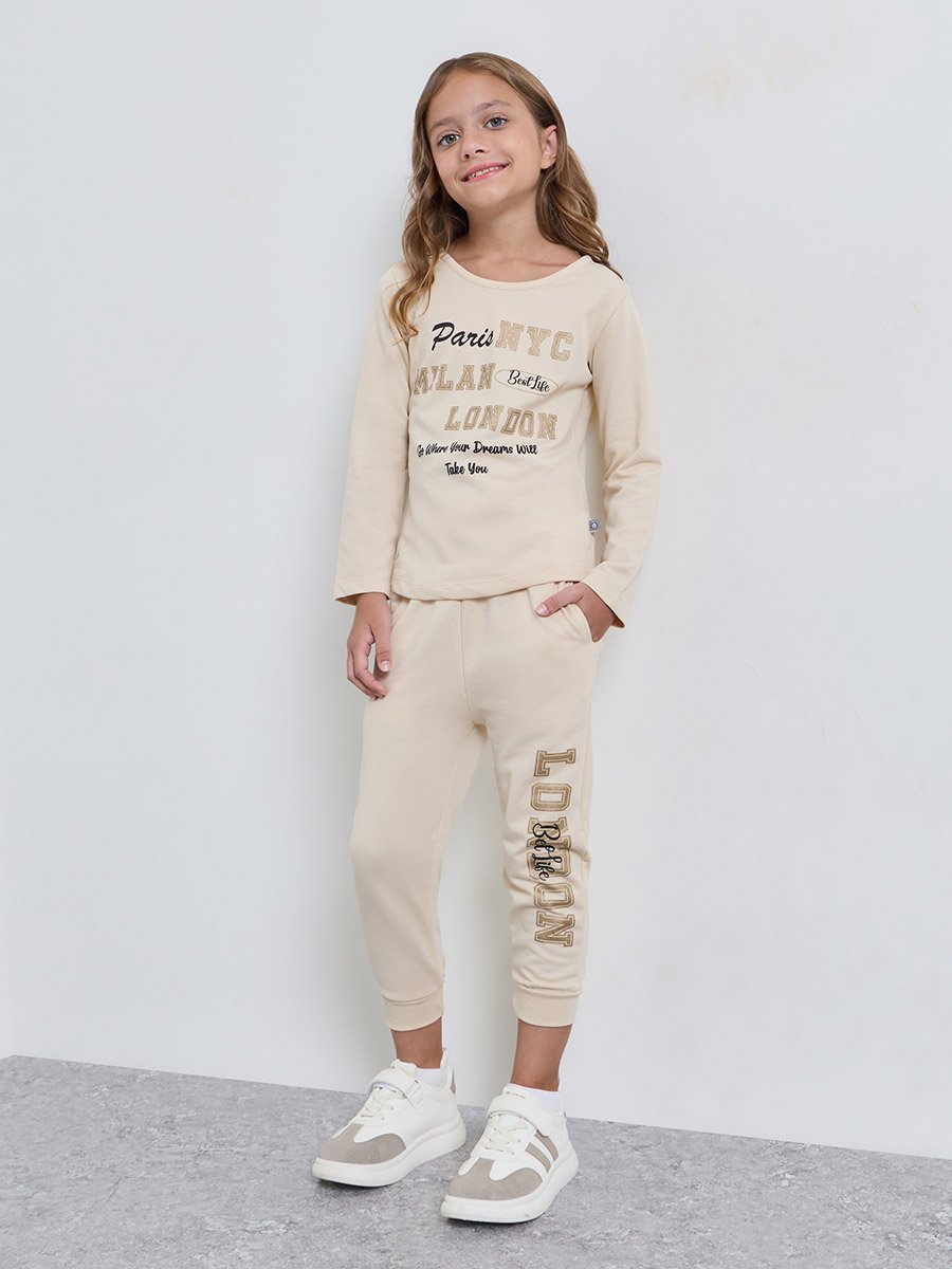 Girls Beige Cotton Graphic T-Shirt and Joggers Set