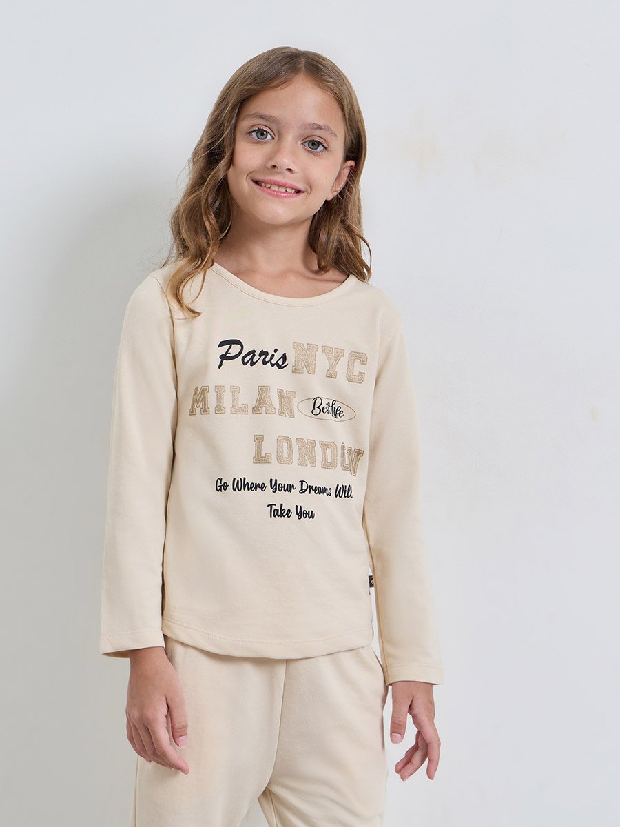 Girls Beige Cotton Graphic T-Shirt and Joggers Set