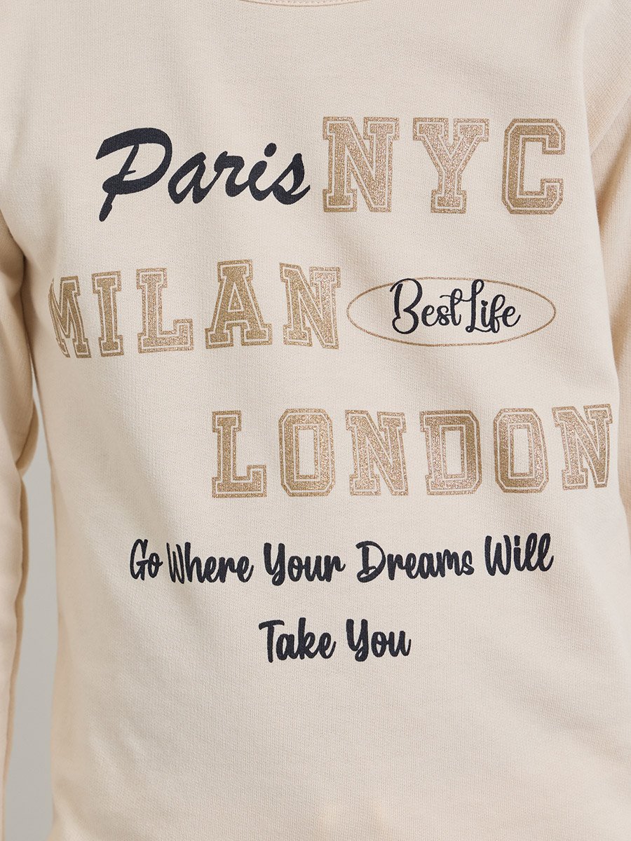 Girls Beige Cotton Graphic T-Shirt and Joggers Set