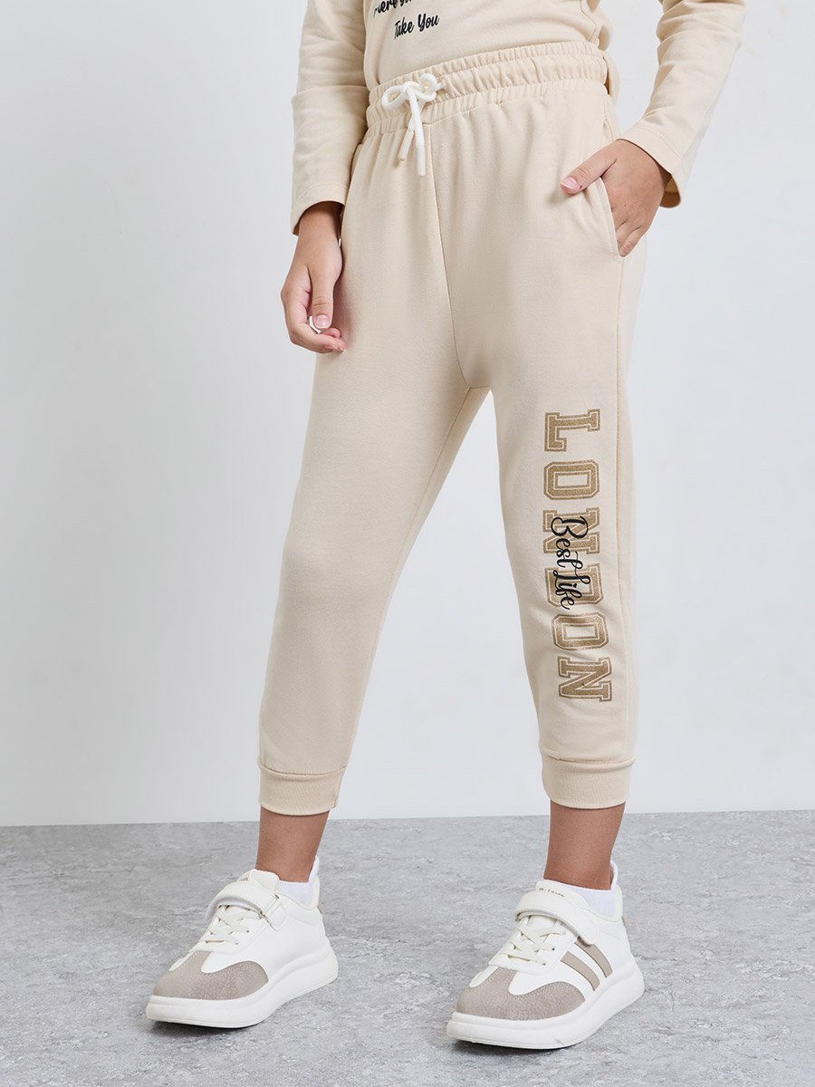 Girls Beige Cotton Graphic T-Shirt and Joggers Set