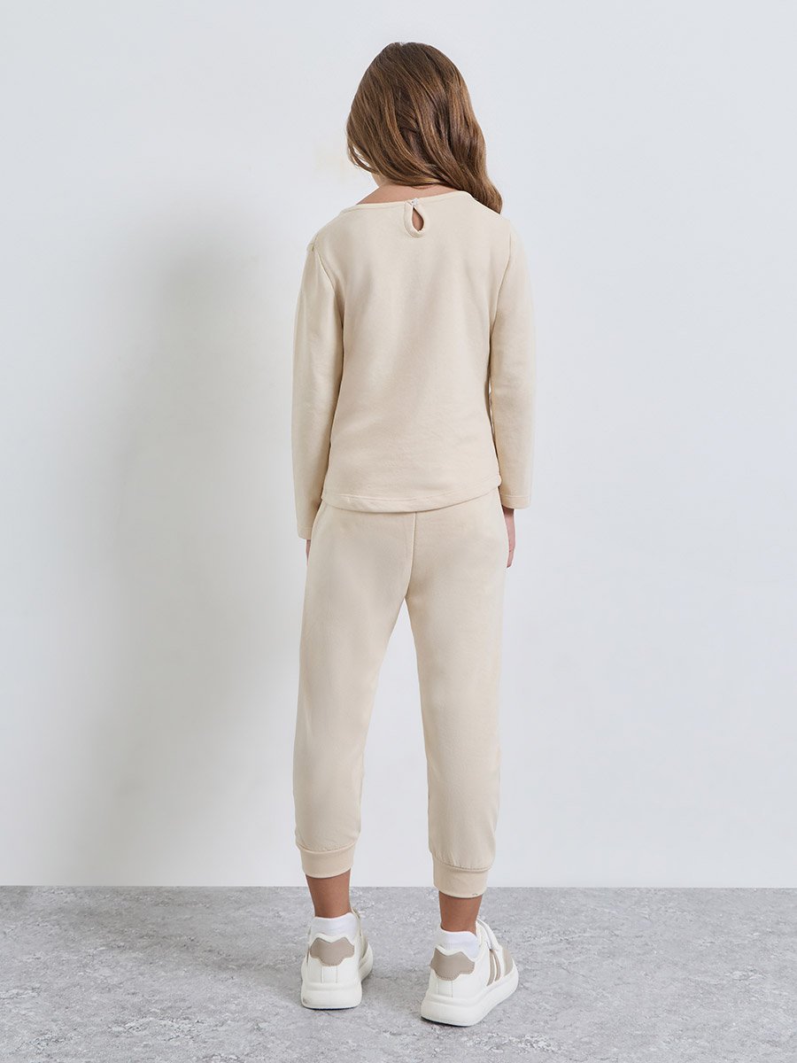 Girls Beige Cotton Graphic T-Shirt and Joggers Set