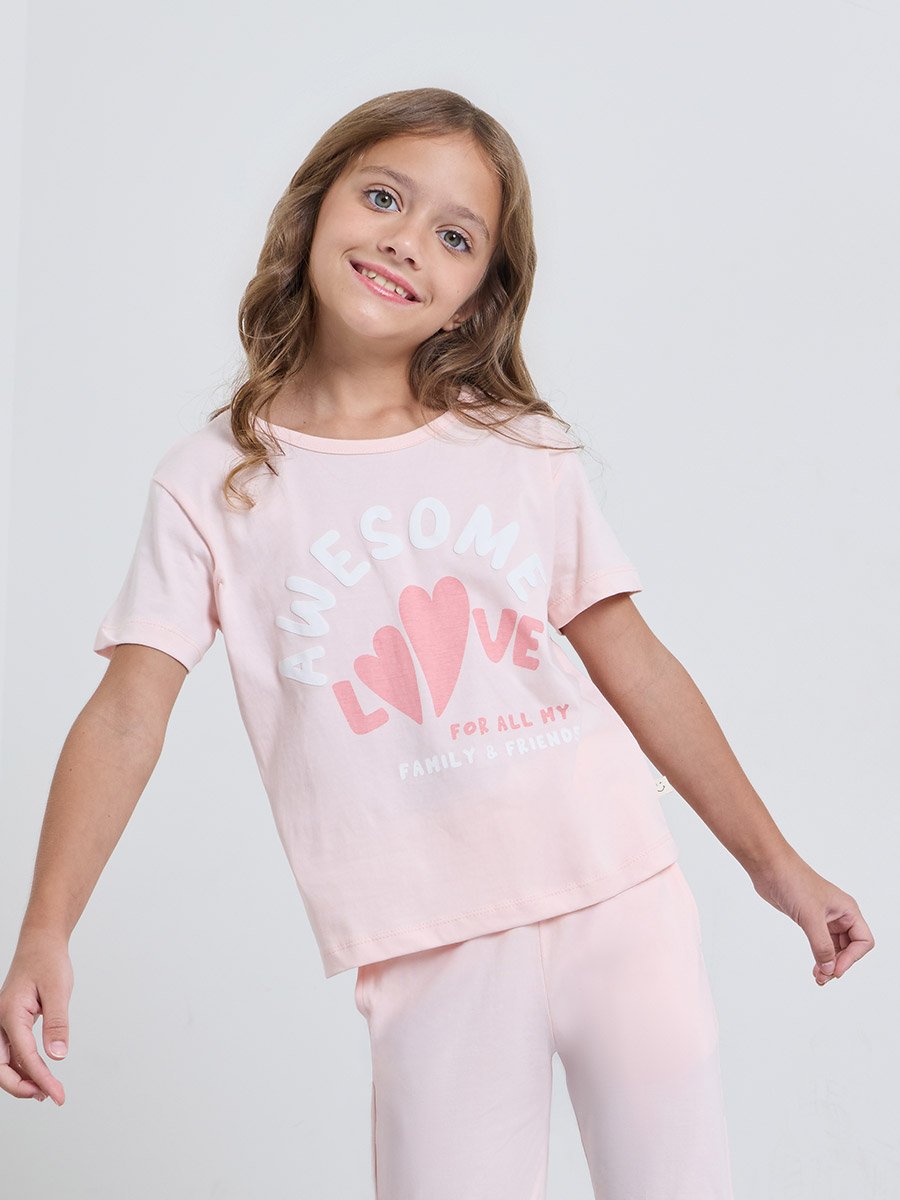 Girls Light Pink Cotton Graphic T-Shirt and Joggers Set