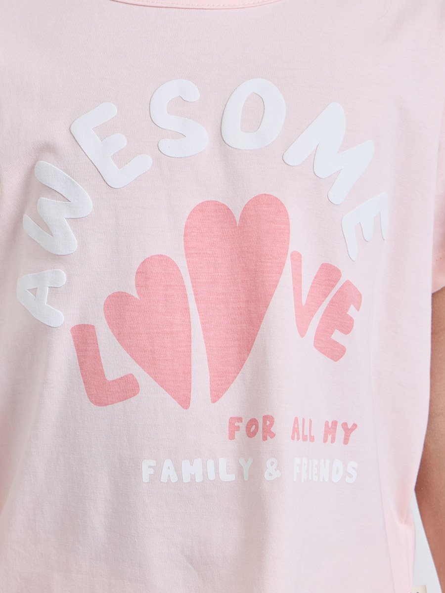 Girls Light Pink Cotton Graphic T-Shirt and Joggers Set