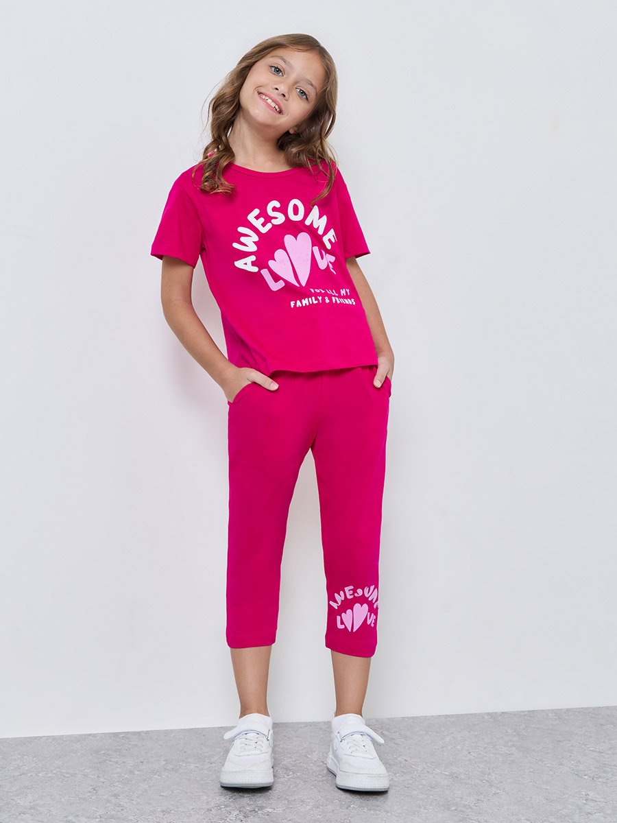 Girls Dark Pink Cotton Graphic T-Shirt and Joggers Set