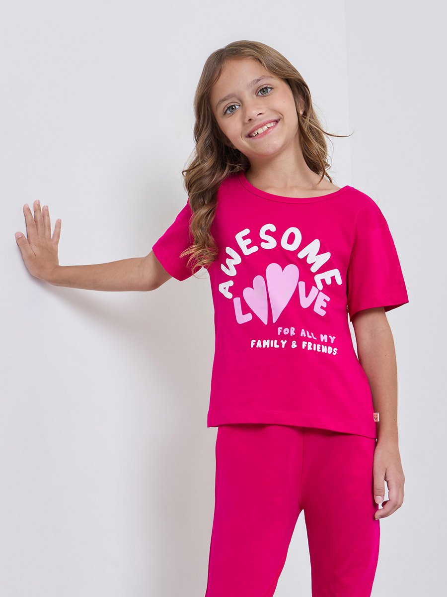 Girls Dark Pink Cotton Graphic T-Shirt and Joggers Set