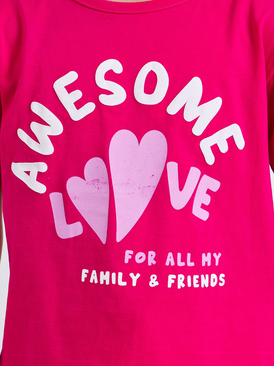 Girls Dark Pink Cotton Graphic T-Shirt and Joggers Set