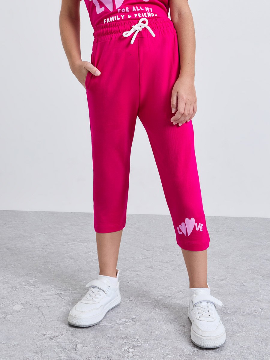 Girls Dark Pink Cotton Graphic T-Shirt and Joggers Set