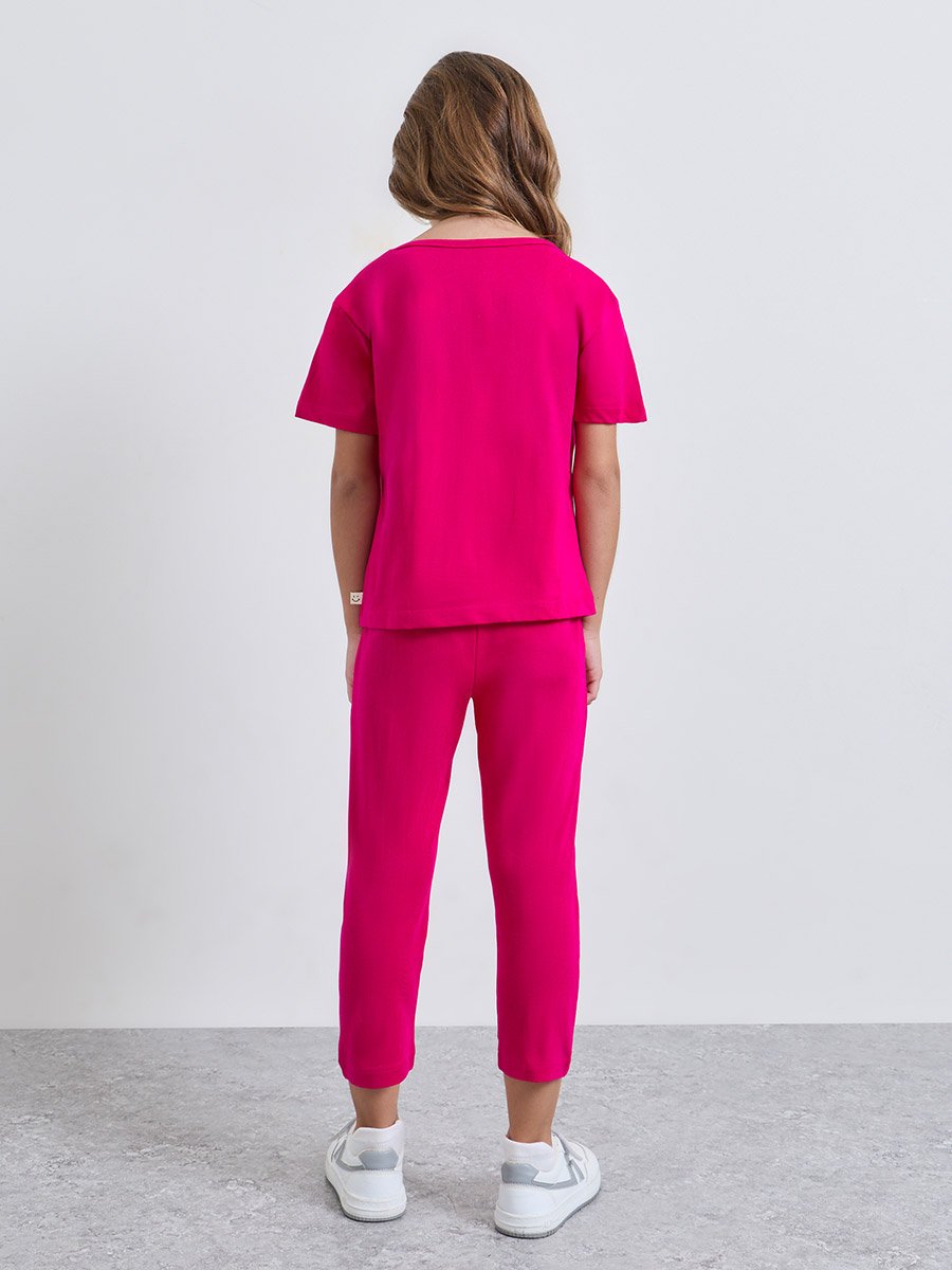 Girls Dark Pink Cotton Graphic T-Shirt and Joggers Set