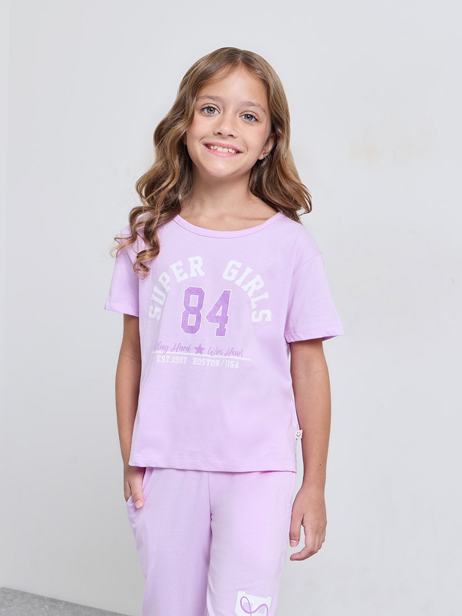 Girls Lilac Cotton Graphic T-Shirt and Joggers Set