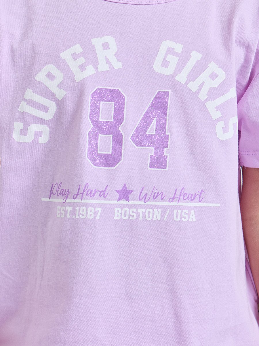 Girls Lilac Cotton Graphic T-Shirt and Joggers Set